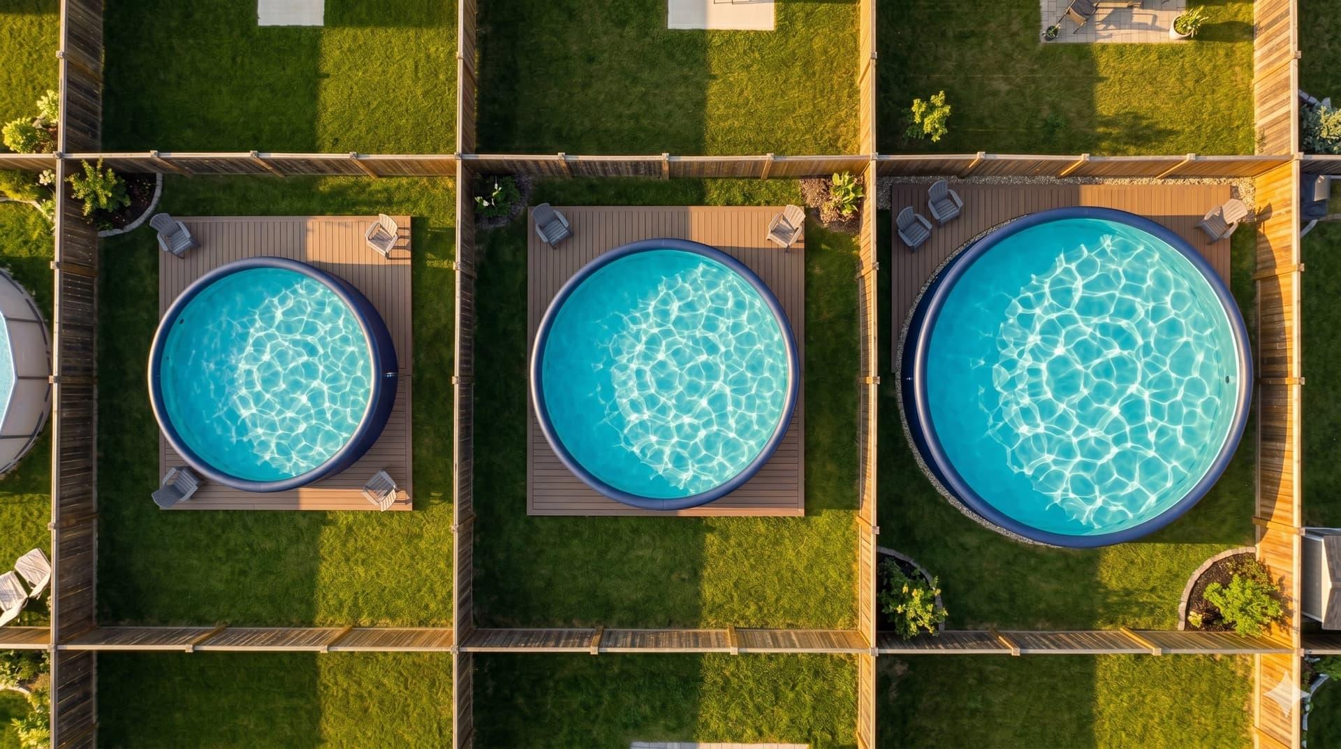 Aerial view comparing the GIGI 13ft, 16ft and 19ft drop-stitch pools — choose any size between 10 and 30 ft for your custom order