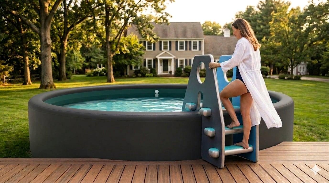 The GIGI full drop-stitch ladder installed on a 5 ft GIGI pool — same DWF material, same navy color, seamless integration