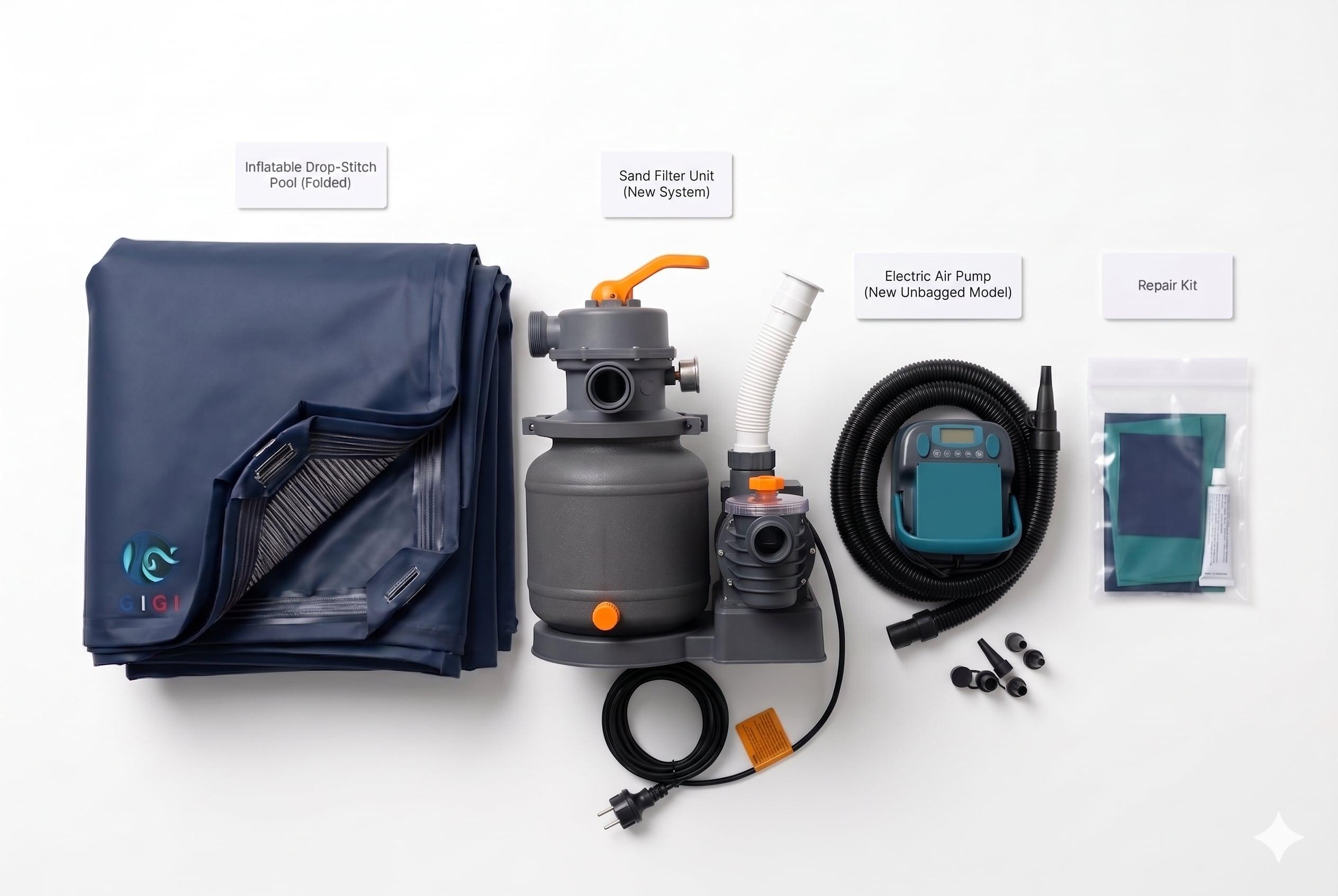 The four elements of every GIGI pool package — drop stitch pool, sand filter 330W, electric pump, and repair kit