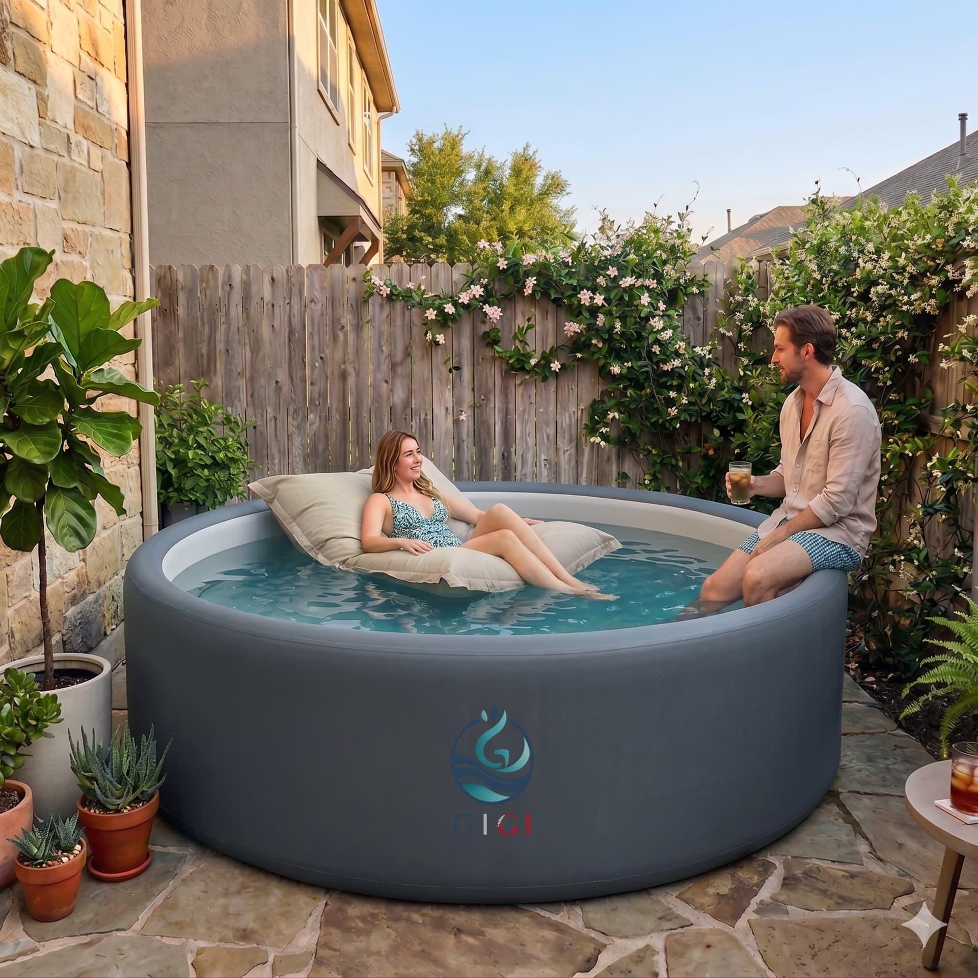 GIGI 13ft drop-stitch pool in a compact backyard — couple relaxing