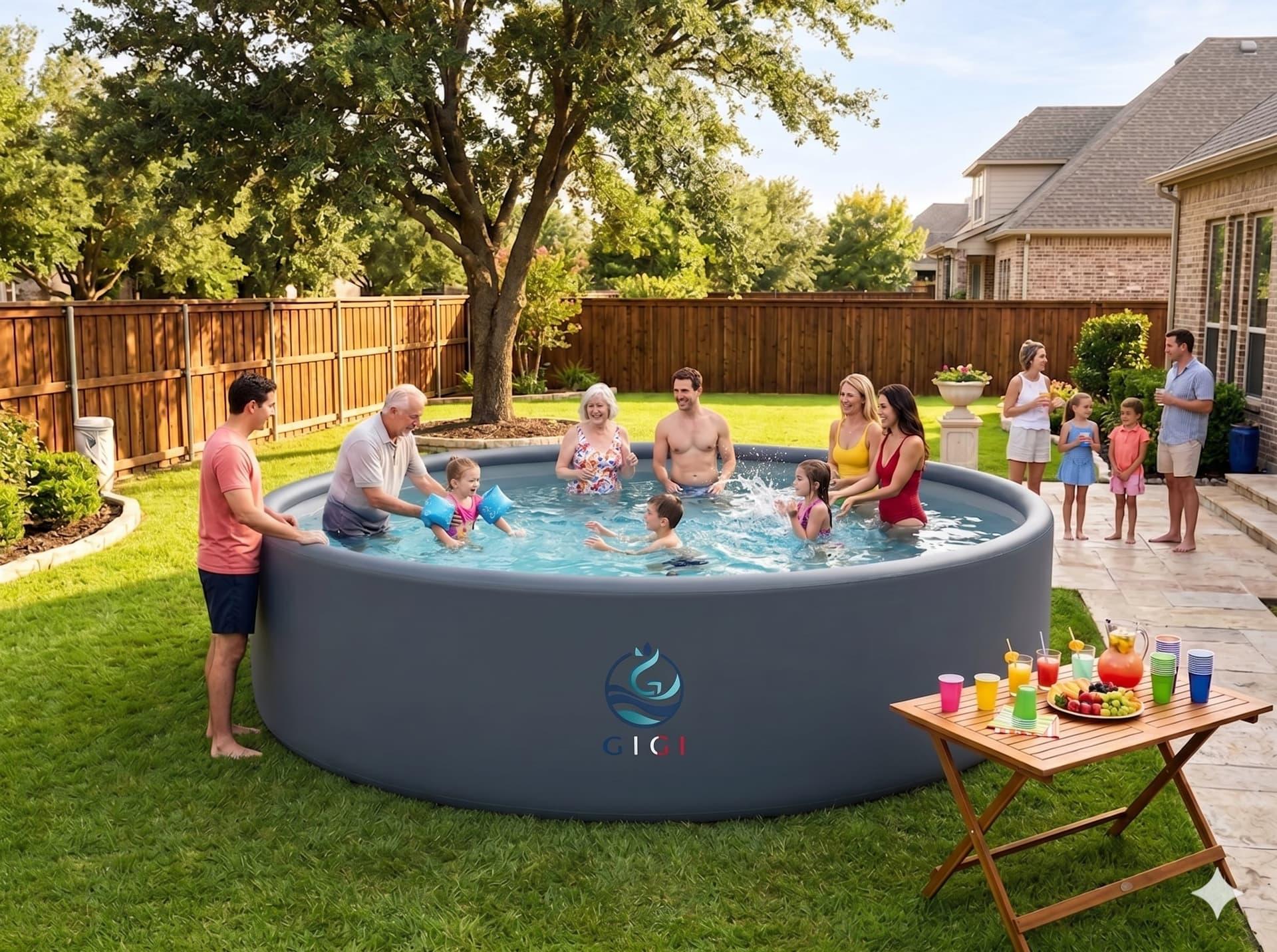 GIGI 19ft drop-stitch pool — multi-generational family gathering