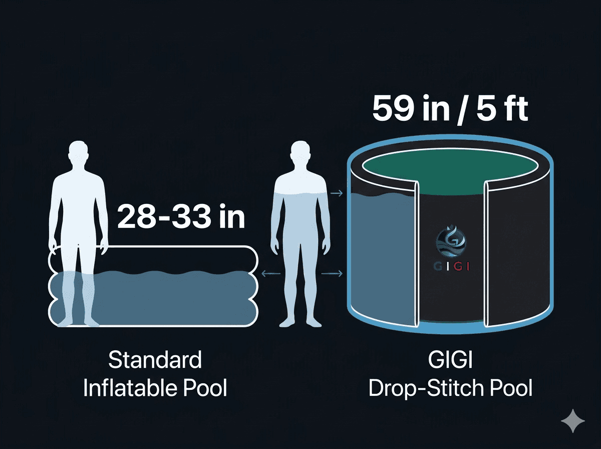 Height comparison: standard inflatable pool at 30 inches vs GIGI drop-stitch pool at 59 inches