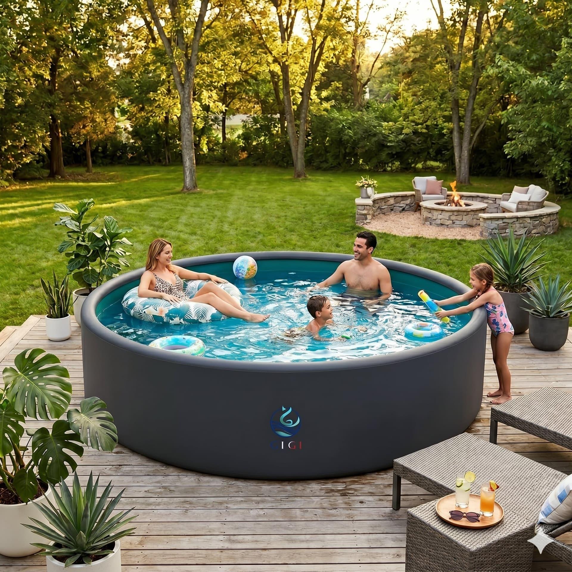Family swimming in a GIGI 16ft drop stitch pool in a sunny backyard