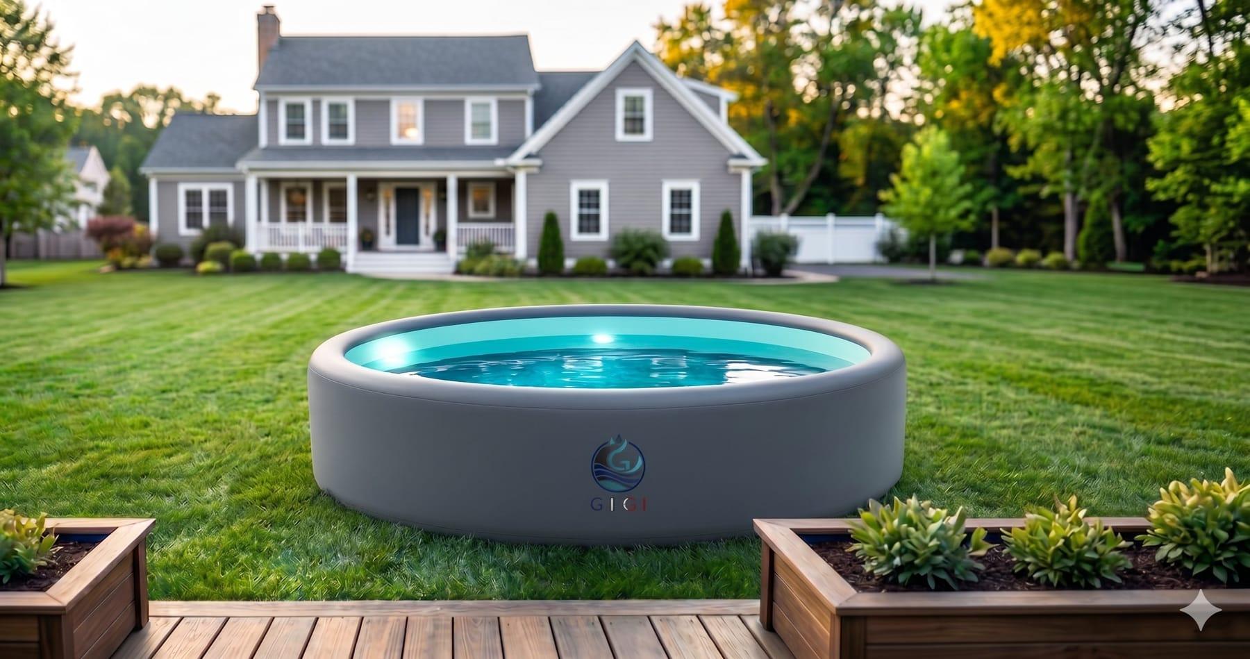 A GIGI drop-stitch pool installed in a quiet US backyard at golden hour — Adirondack chairs, soft afternoon light, premium lifestyle